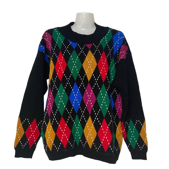 Vintage Sweaters - Vintage Argyle United Sweaters of America Diamond Dotted Large Black Made in USA
